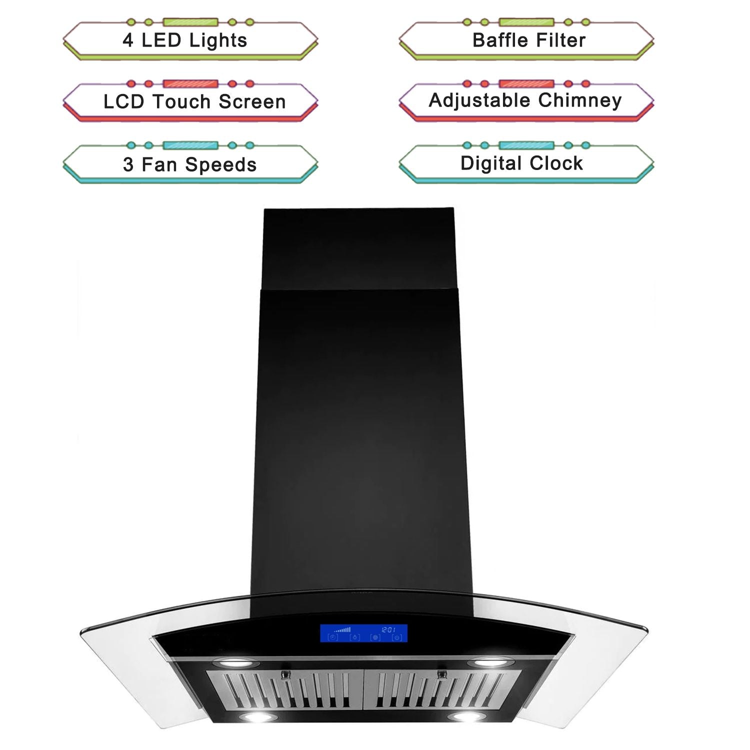 36 inch Stainless Steel Island Mount Range Hood 900CFM Tempered Glass w/LED Lights - Comfortable Living Decor