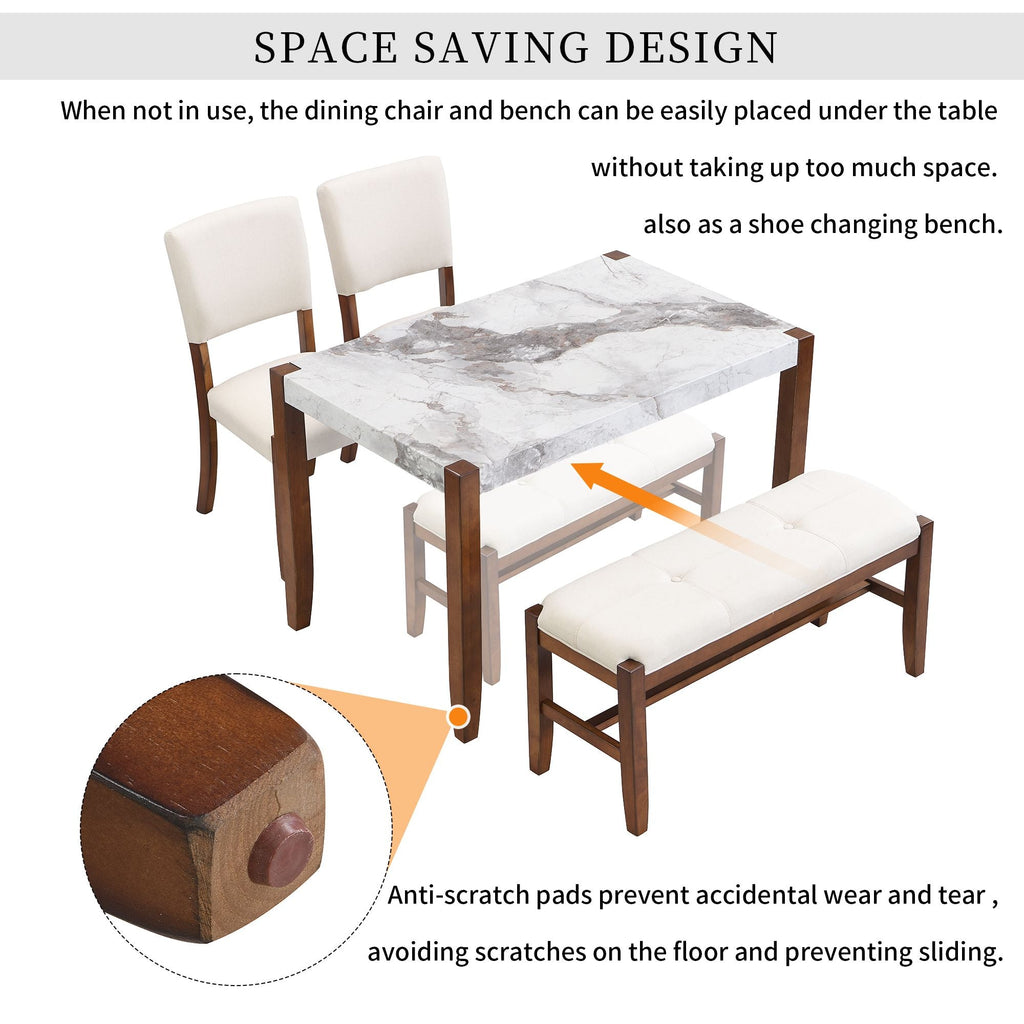 4 - Piece Modern Dining Furniture Set, 4 - Person Space - Saving Dinette for Kitchen, 46" Faux Marble Style Table and 2 Upholstered Chairs & Bench with Wood Legs - Comfortable Living Decor