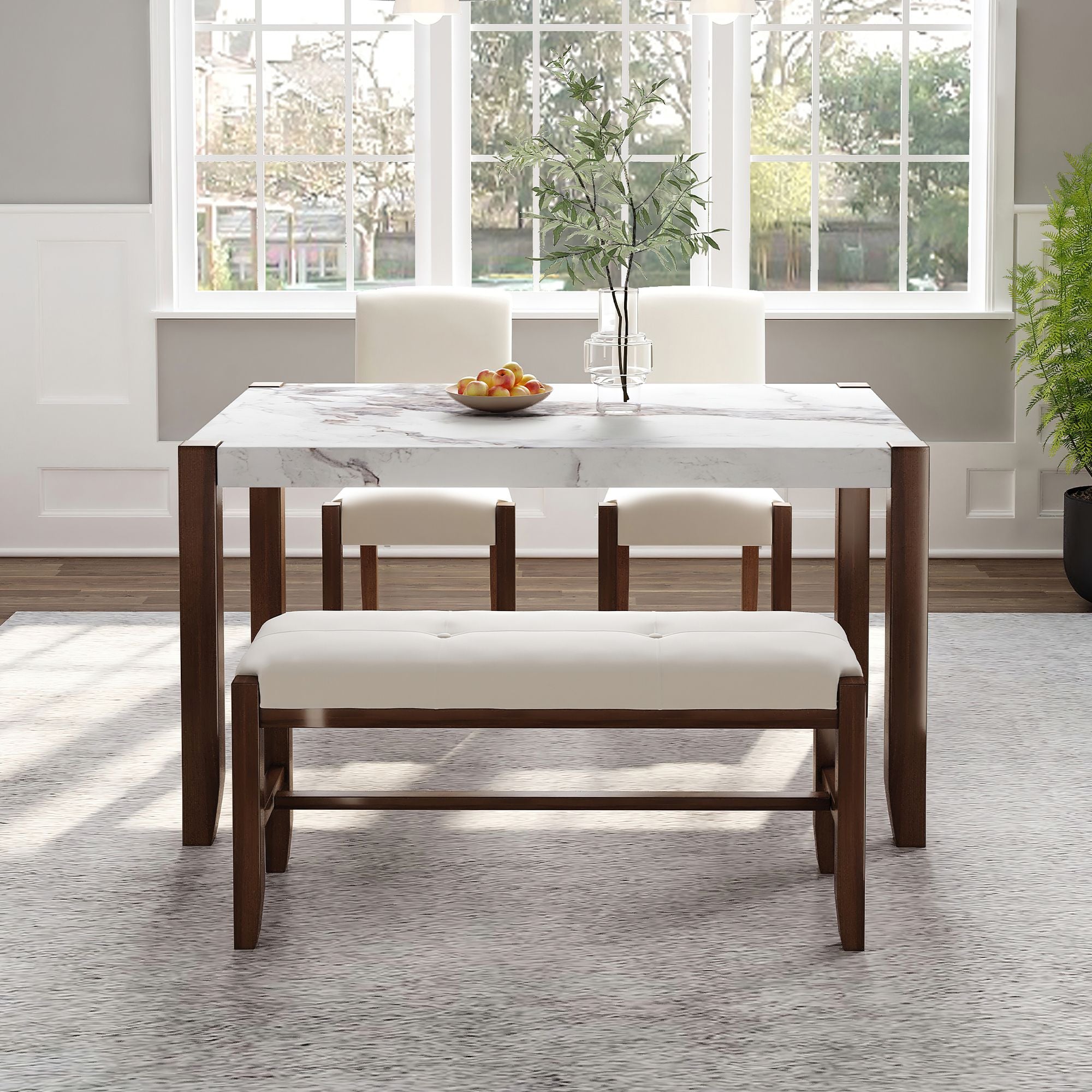 4 - Piece Modern Dining Furniture Set, 4 - Person Space - Saving Dinette for Kitchen, 46" Faux Marble Style Table and 2 Upholstered Chairs & Bench with Wood Legs - Comfortable Living Decor