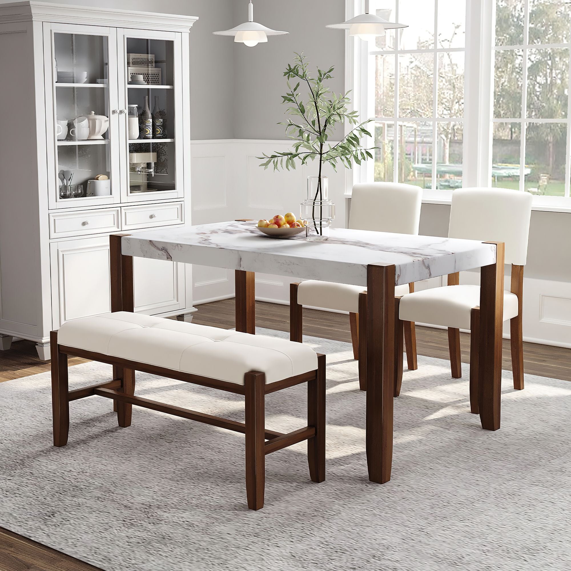 4 - Piece Modern Dining Furniture Set, 4 - Person Space - Saving Dinette for Kitchen, 46" Faux Marble Style Table and 2 Upholstered Chairs & Bench with Wood Legs - Comfortable Living Decor