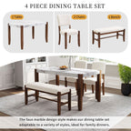 4 - Piece Modern Dining Furniture Set, 4 - Person Space - Saving Dinette for Kitchen, 46" Faux Marble Style Table and 2 Upholstered Chairs & Bench with Wood Legs - Comfortable Living Decor