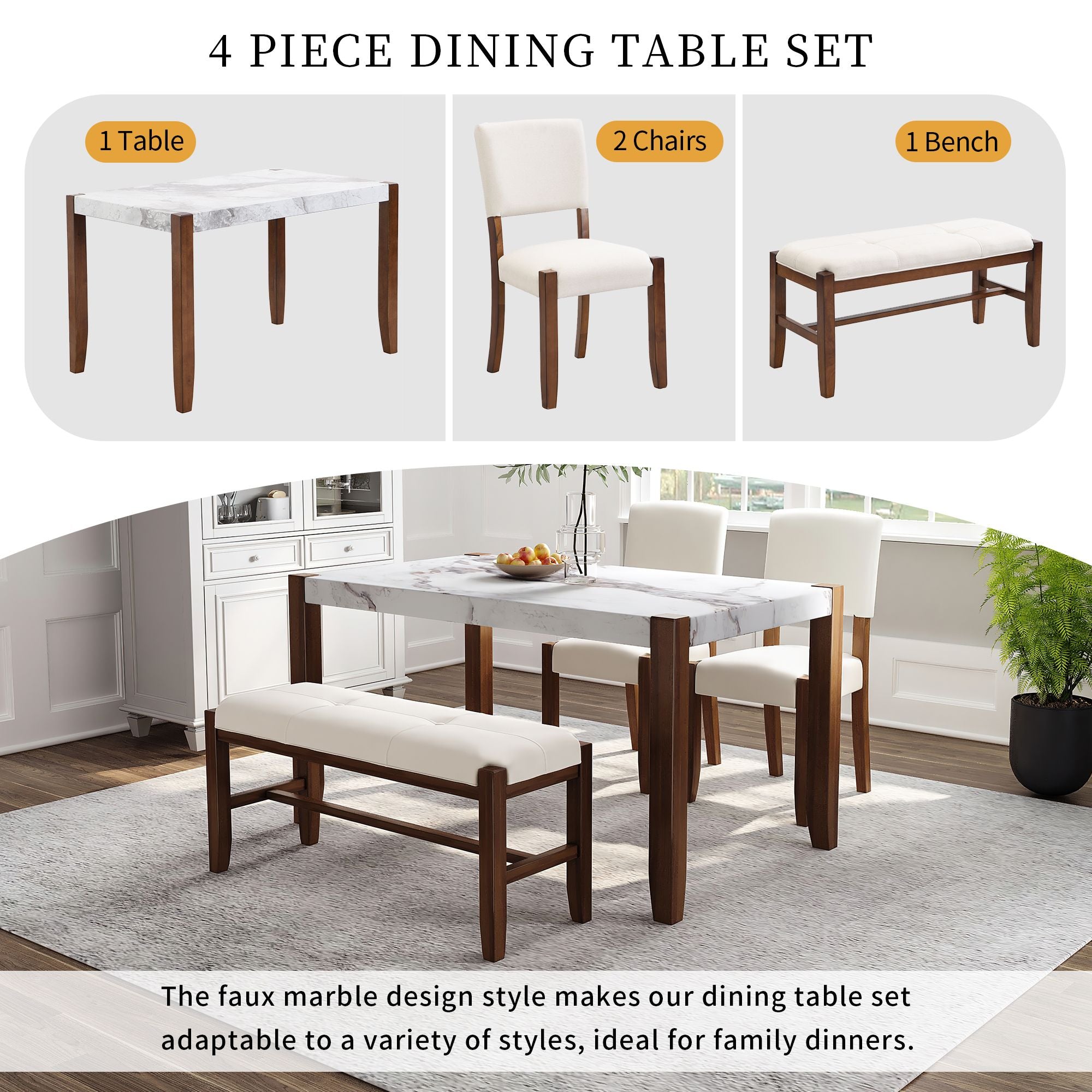 4 - Piece Modern Dining Furniture Set, 4 - Person Space - Saving Dinette for Kitchen, 46" Faux Marble Style Table and 2 Upholstered Chairs & Bench with Wood Legs - Comfortable Living Decor
