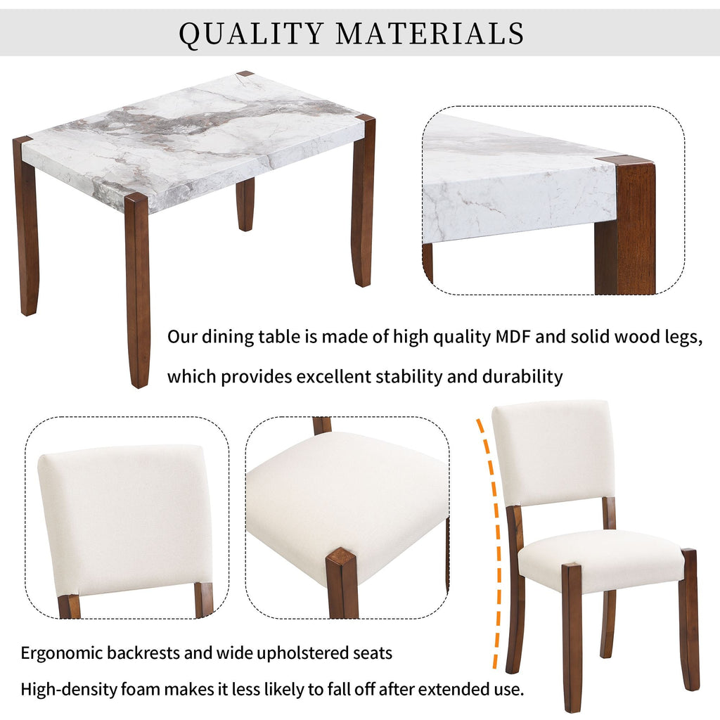 4 - Piece Modern Dining Furniture Set, 4 - Person Space - Saving Dinette for Kitchen, 46" Faux Marble Style Table and 2 Upholstered Chairs & Bench with Wood Legs - Comfortable Living Decor