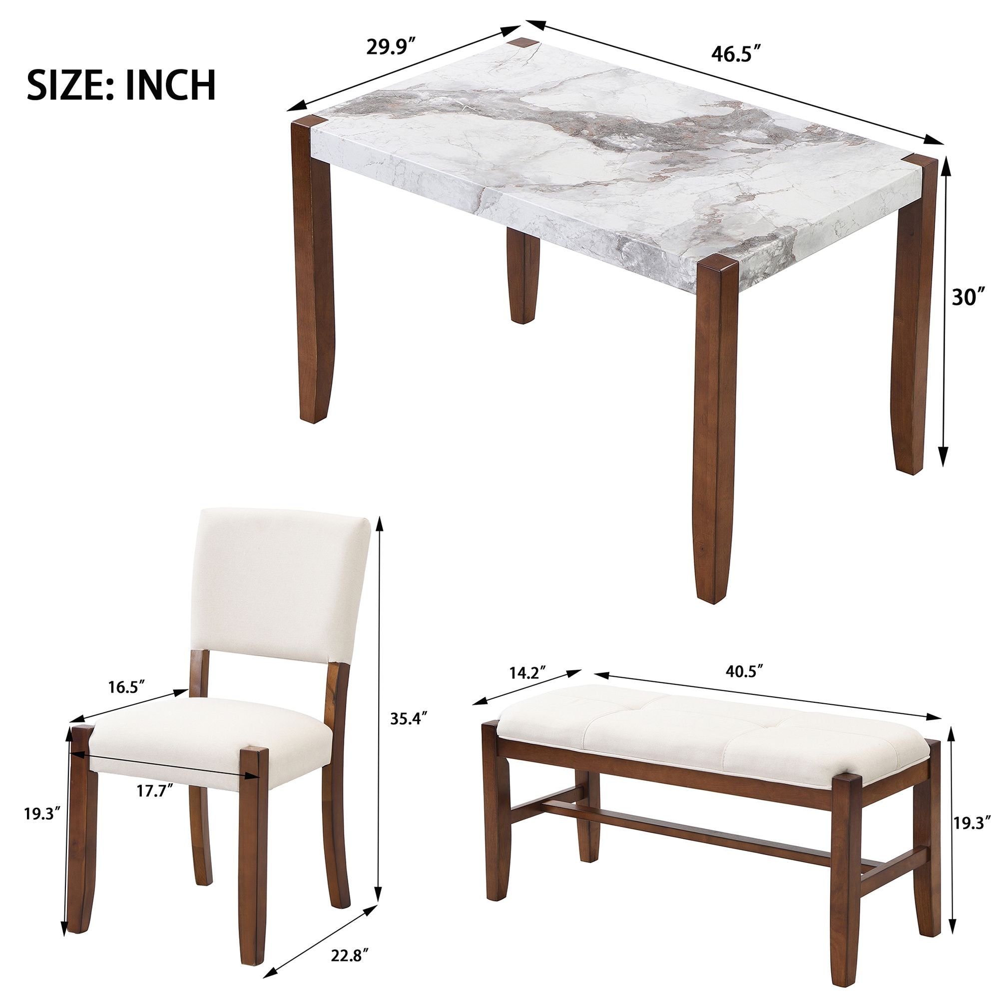 4 - Piece Modern Dining Furniture Set, 4 - Person Space - Saving Dinette for Kitchen, 46" Faux Marble Style Table and 2 Upholstered Chairs & Bench with Wood Legs - Comfortable Living Decor