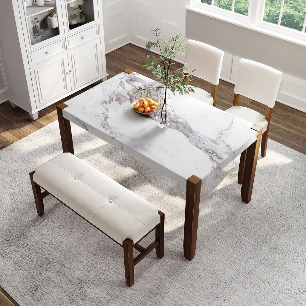 4 - Piece Modern Dining Furniture Set, 4 - Person Space - Saving Dinette for Kitchen, 46" Faux Marble Style Table and 2 Upholstered Chairs & Bench with Wood Legs - Comfortable Living Decor