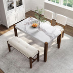 4 - Piece Modern Dining Furniture Set, 4 - Person Space - Saving Dinette for Kitchen, 46" Faux Marble Style Table and 2 Upholstered Chairs & Bench with Wood Legs - Comfortable Living Decor