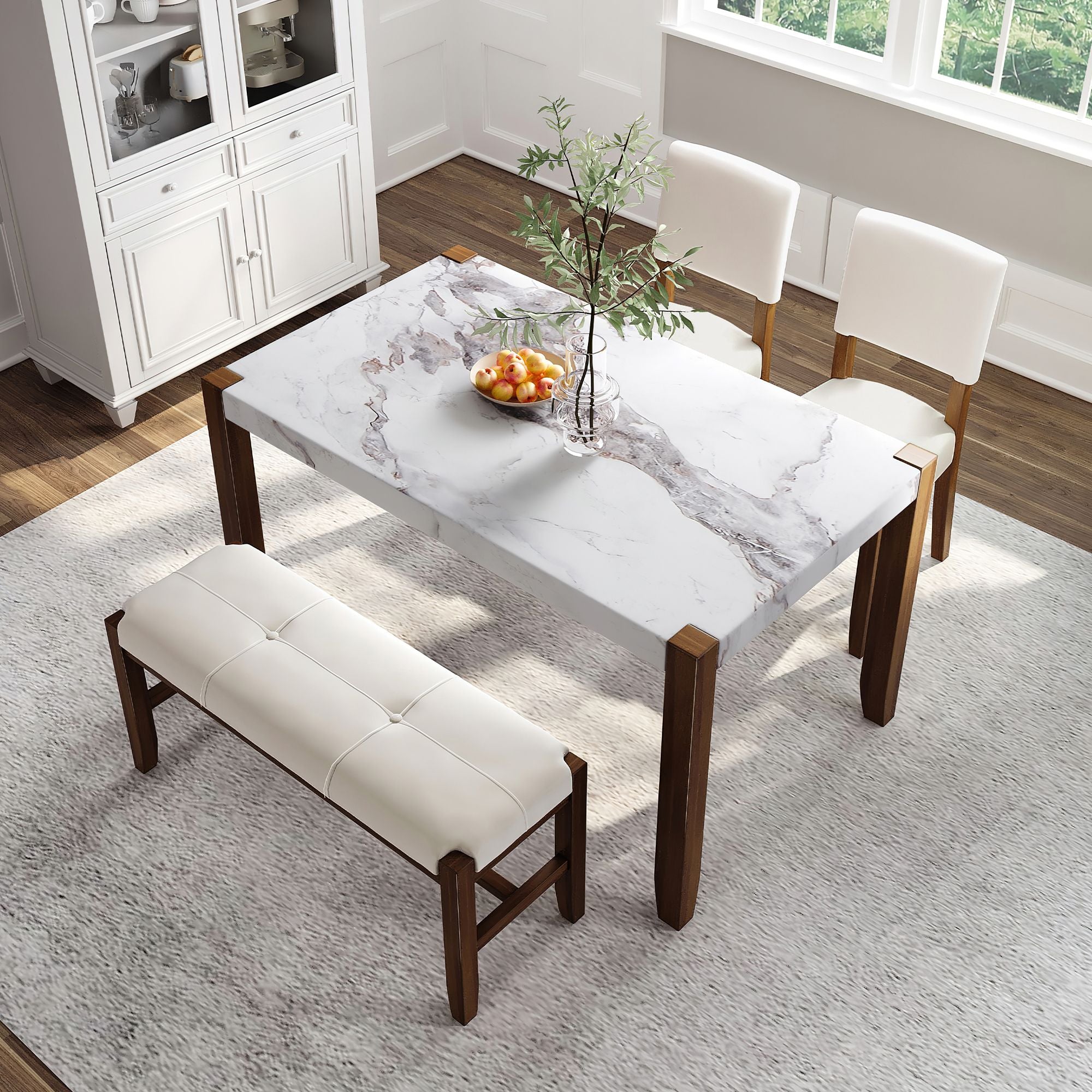 4 - Piece Modern Dining Furniture Set, 4 - Person Space - Saving Dinette for Kitchen, 46" Faux Marble Style Table and 2 Upholstered Chairs & Bench with Wood Legs - Comfortable Living Decor