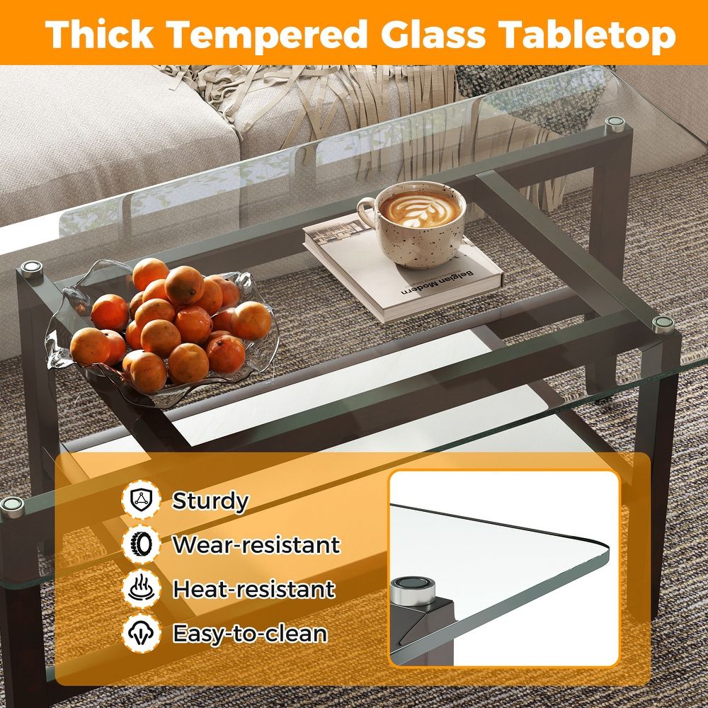 42" 2 - Tier Glass Cocktail Table with Storage Shelf by Hooya - Comfortable Living Decor