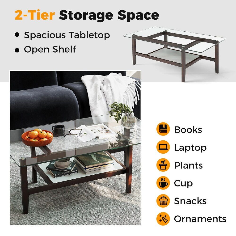 42" 2 - Tier Glass Cocktail Table with Storage Shelf by Hooya - Comfortable Living Decor