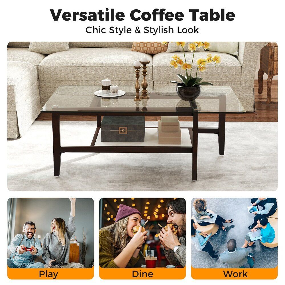42" 2 - Tier Glass Cocktail Table with Storage Shelf by Hooya - Comfortable Living Decor
