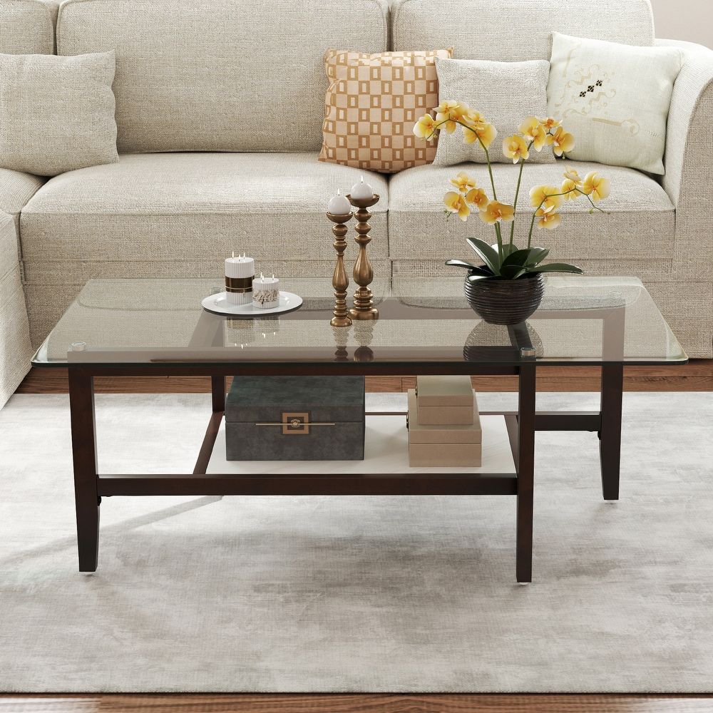 42" 2 - Tier Glass Cocktail Table with Storage Shelf by Hooya - Comfortable Living Decor