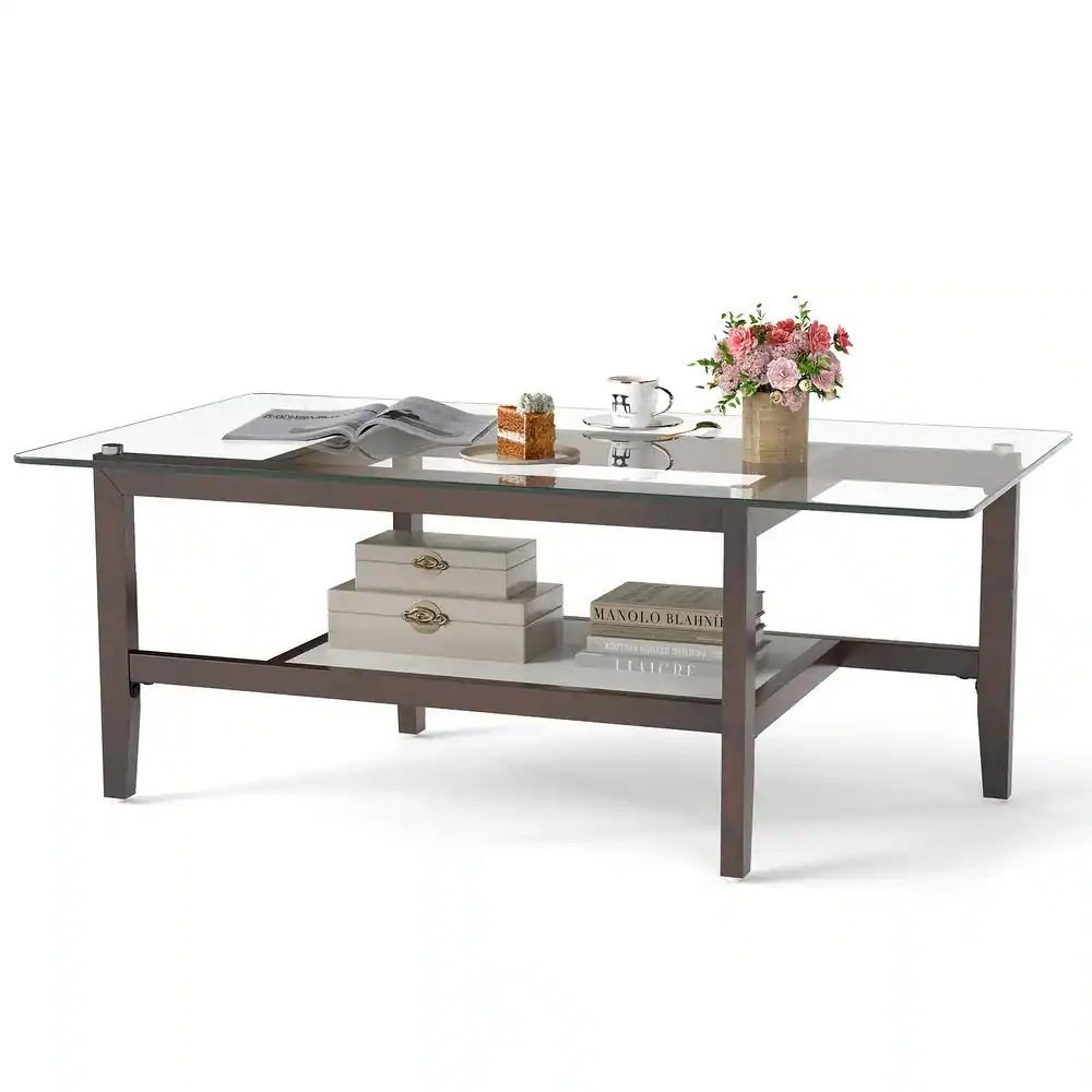 42" 2 - Tier Glass Cocktail Table with Storage Shelf by Hooya - Comfortable Living Decor