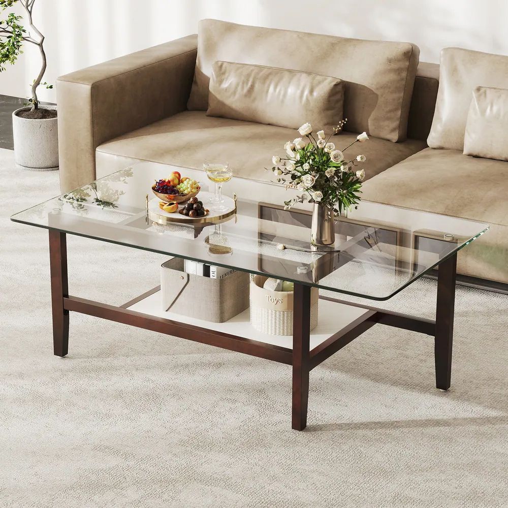 42" 2 - Tier Glass Cocktail Table with Storage Shelf by Hooya - Comfortable Living Decor