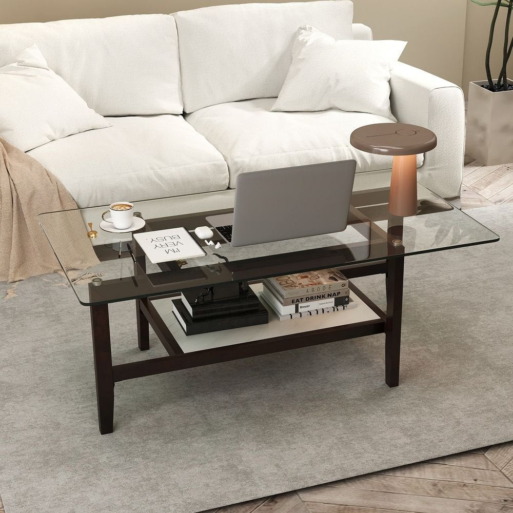 42" 2 - Tier Glass Cocktail Table with Storage Shelf by Hooya - Comfortable Living Decor
