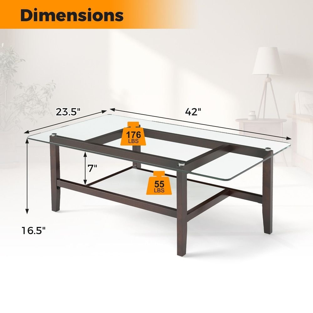 42" 2 - Tier Glass Cocktail Table with Storage Shelf by Hooya - Comfortable Living Decor