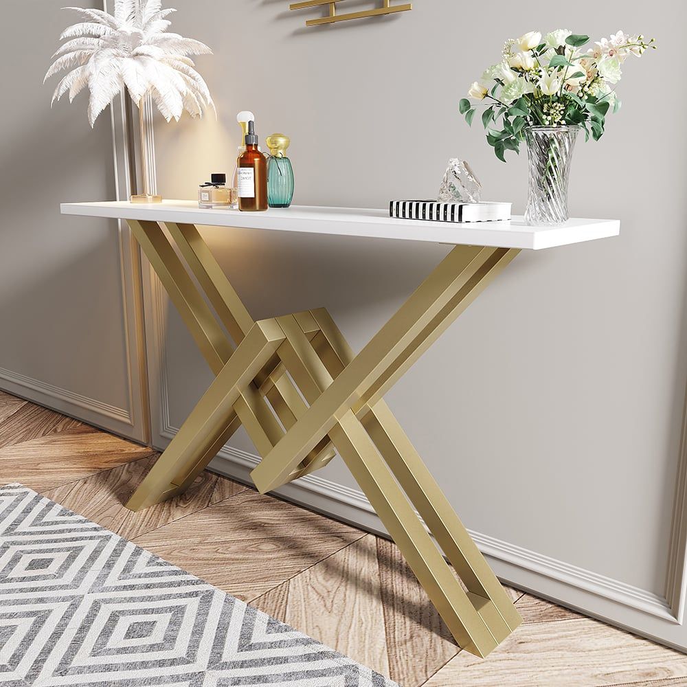 47.2" Narrow Rectangle White Console Table with Wooden Top and Gold Metal Base - Comfortable Living Decor