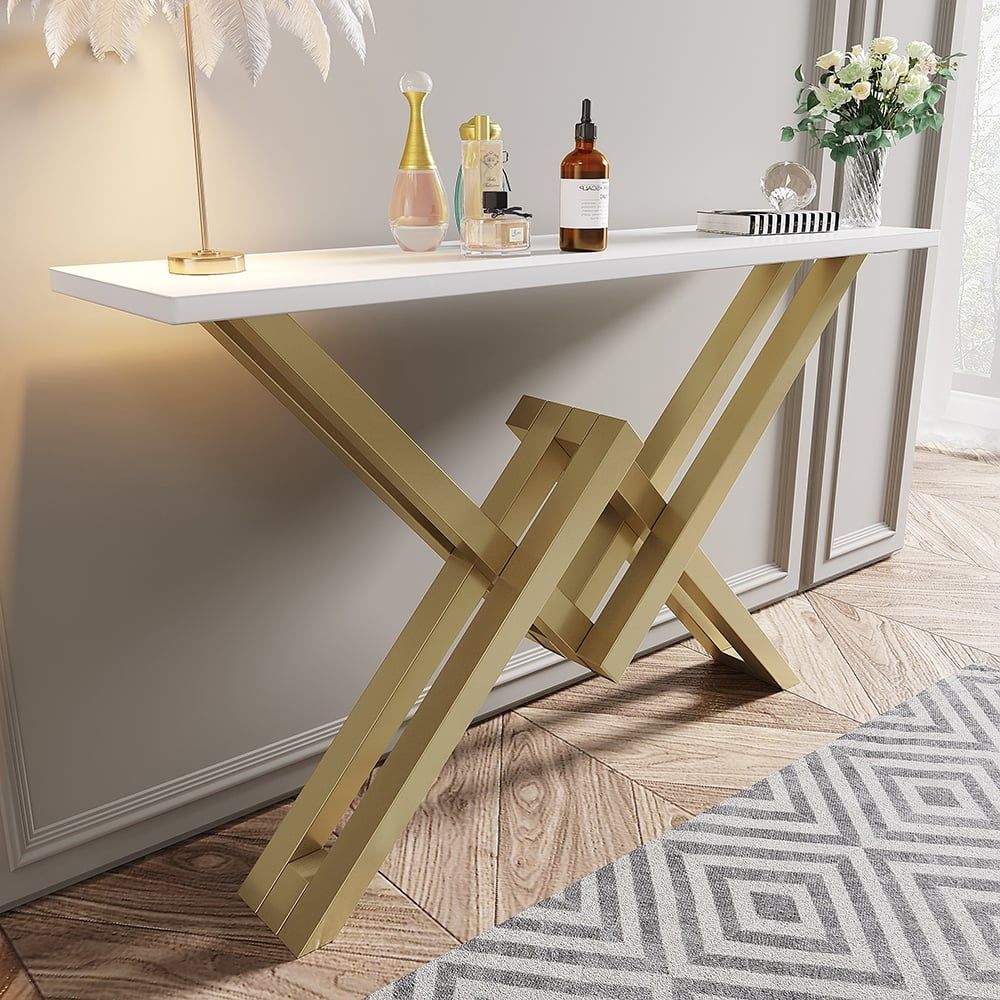 47.2" Narrow Rectangle White Console Table with Wooden Top and Gold Metal Base - Comfortable Living Decor