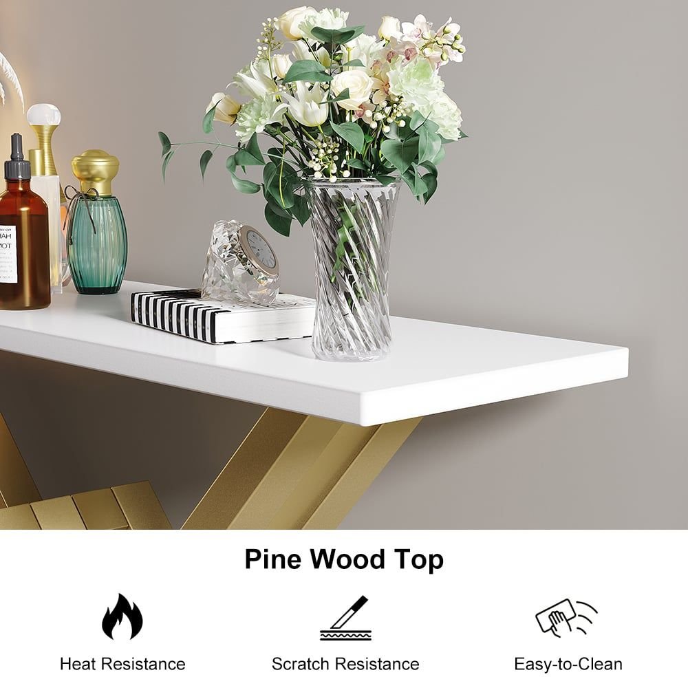 47.2" Narrow Rectangle White Console Table with Wooden Top and Gold Metal Base - Comfortable Living Decor