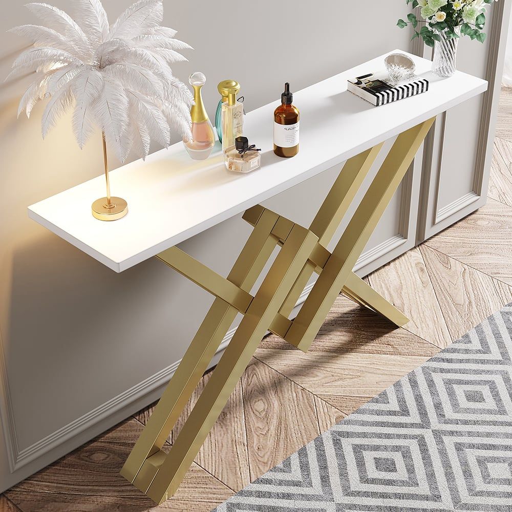 47.2" Narrow Rectangle White Console Table with Wooden Top and Gold Metal Base - Comfortable Living Decor