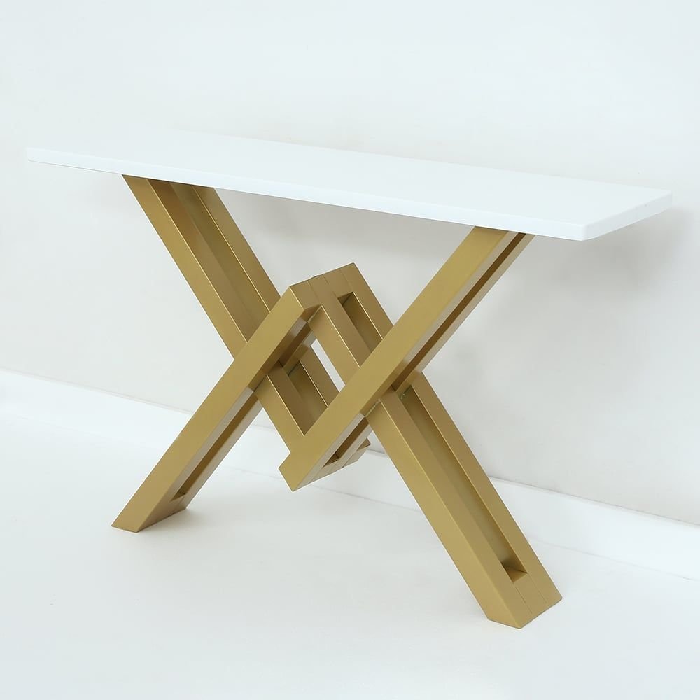 47.2" Narrow Rectangle White Console Table with Wooden Top and Gold Metal Base - Comfortable Living Decor
