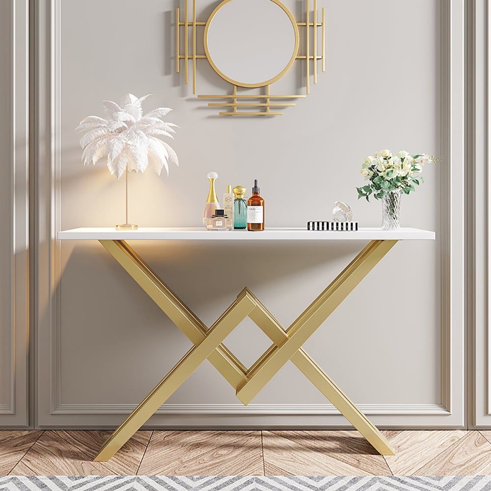 47.2" Narrow Rectangle White Console Table with Wooden Top and Gold Metal Base - Comfortable Living Decor