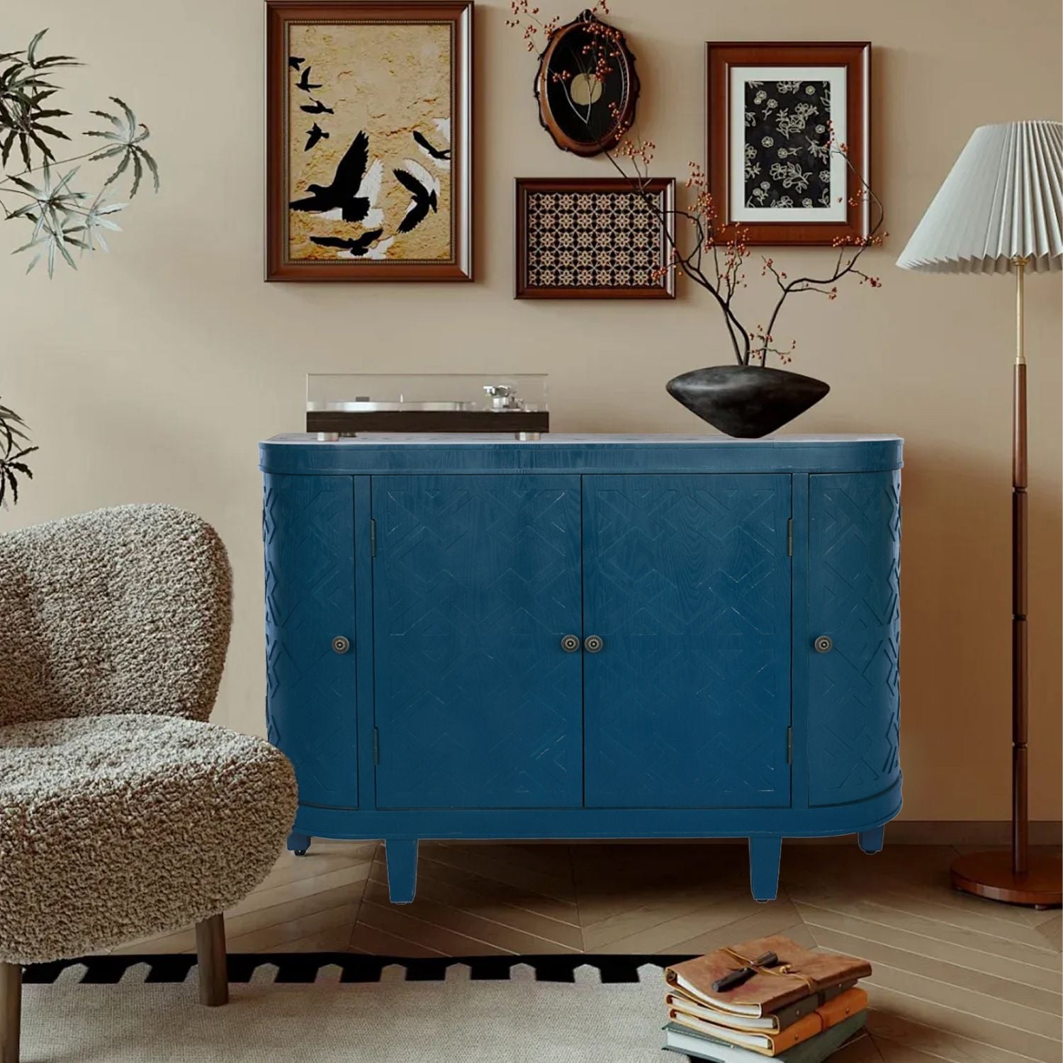 47''Oval Storage Cabinet with 4 Doors,Buffet Sideboard Cabinet with Storage, Fluted Accent Storage Cabinet with Curvy Edge, Sliding Door, Freestanding Credenza, Console Table for Living Room, Kitchen - Comfortable Living Decor