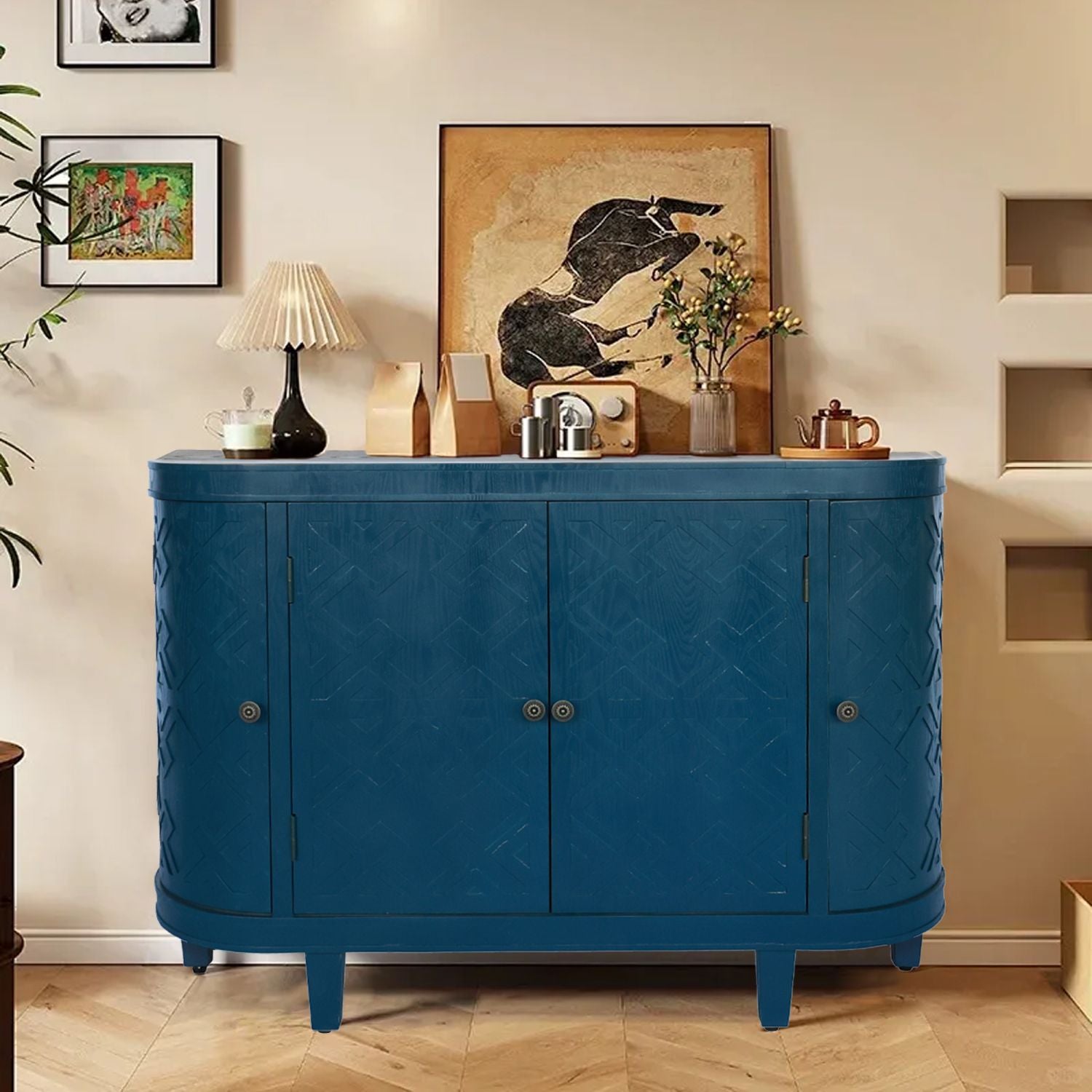47''Oval Storage Cabinet with 4 Doors,Buffet Sideboard Cabinet with Storage, Fluted Accent Storage Cabinet with Curvy Edge, Sliding Door, Freestanding Credenza, Console Table for Living Room, Kitchen - Comfortable Living Decor