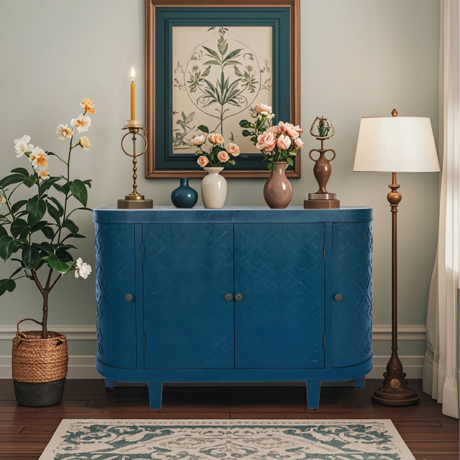 47''Oval Storage Cabinet with 4 Doors,Buffet Sideboard Cabinet with Storage, Fluted Accent Storage Cabinet with Curvy Edge, Sliding Door, Freestanding Credenza, Console Table for Living Room, Kitchen - Comfortable Living Decor