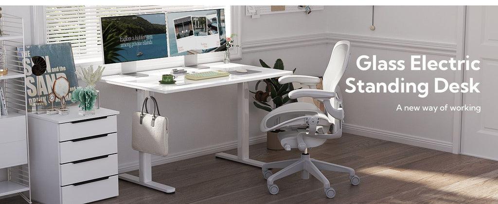 48 Inch Electric White Glass Standing Desk, Adjustable Height ,Quick Install Home Office Computer Desk, Stand Up Desk, - Comfortable Living Decor