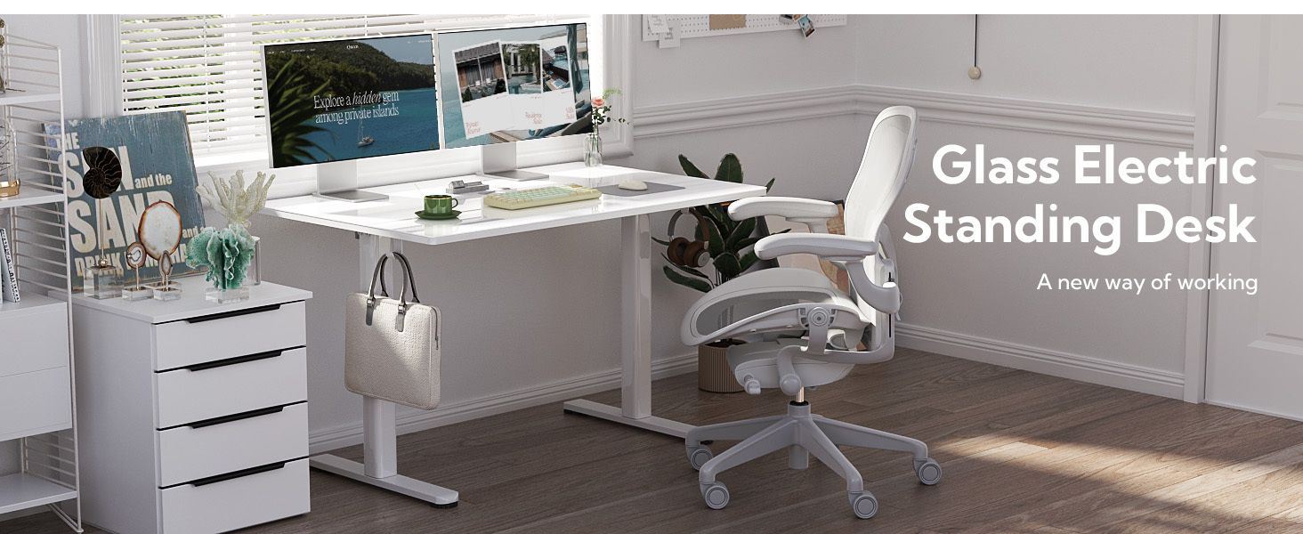 48 Inch Electric White Glass Standing Desk, Adjustable Height ,Quick Install Home Office Computer Desk, Stand Up Desk, - Comfortable Living Decor