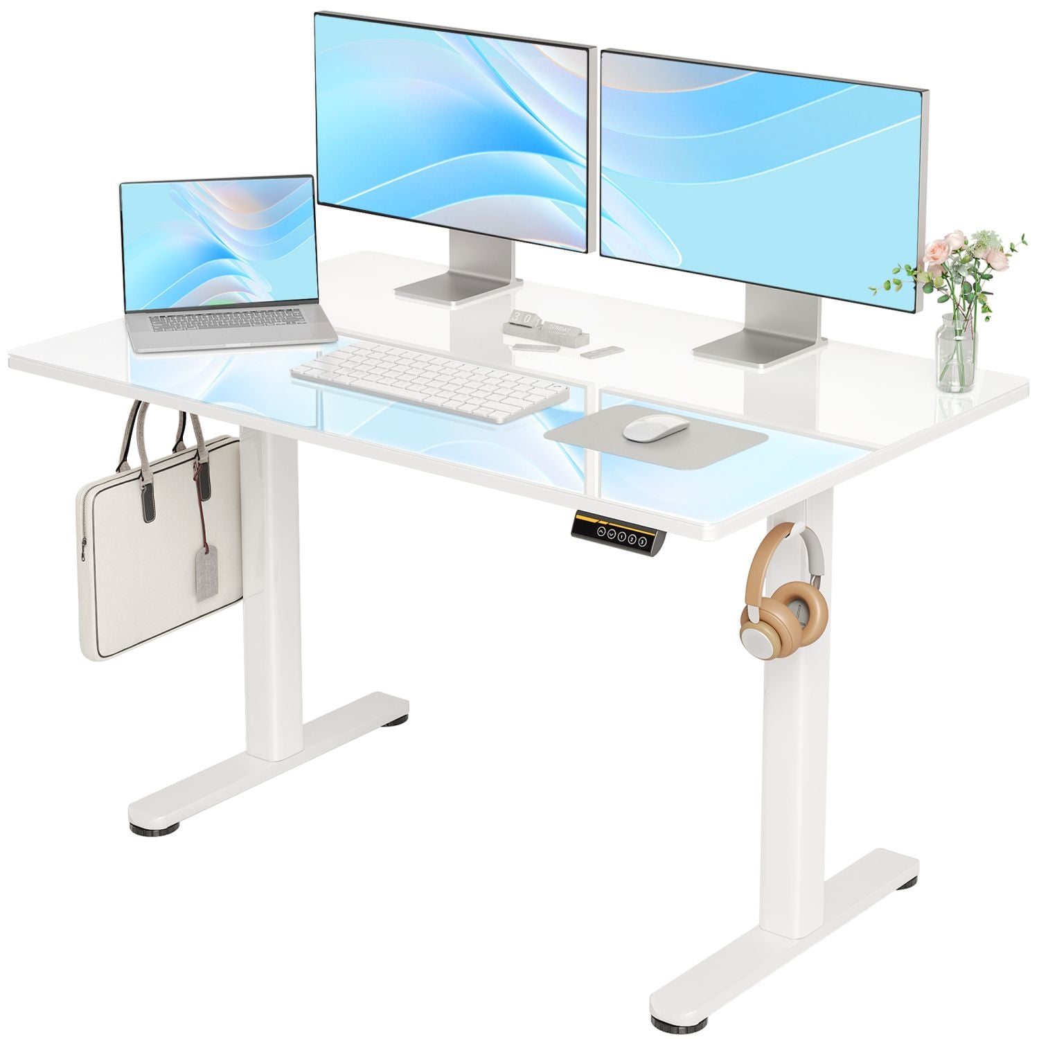 48 Inch Electric White Glass Standing Desk, Adjustable Height ,Quick Install Home Office Computer Desk, Stand Up Desk, - Comfortable Living Decor