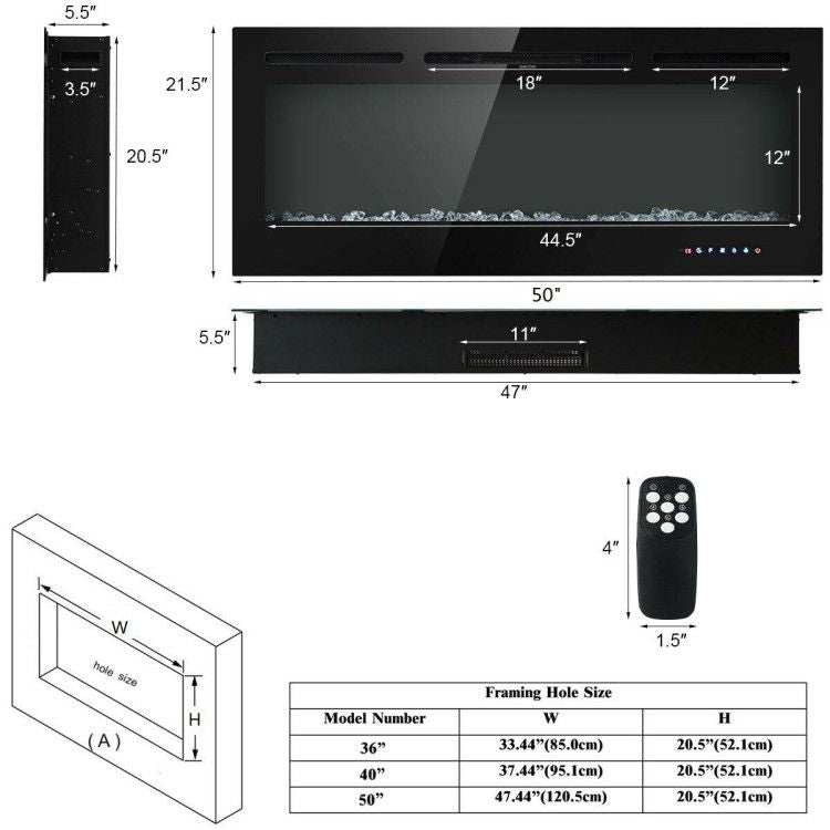 50 Inch Recessed Electric Insert Wall Mounted Fireplace with Adjustable Brightness - Comfortable Living Decor