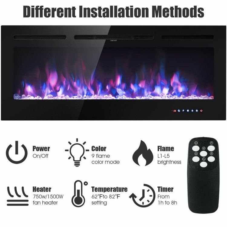 50 Inch Recessed Electric Insert Wall Mounted Fireplace with Adjustable Brightness - Comfortable Living Decor