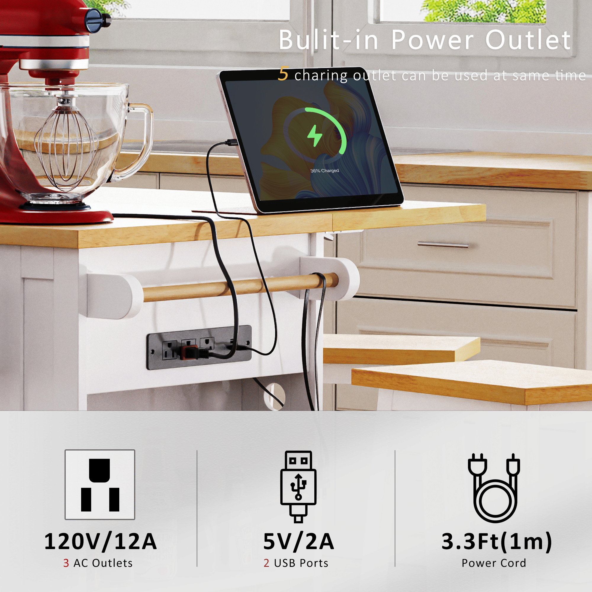 53 inch Large Kitchen Island with Drop Leaf,Power Outlet,Door Internal Storage Rack,Rolling Kitchen Cart on 5 Wheels with 5 Open Side Racks for Kitchen,Dining Room(Not include bar stools) - Comfortable Living Decor