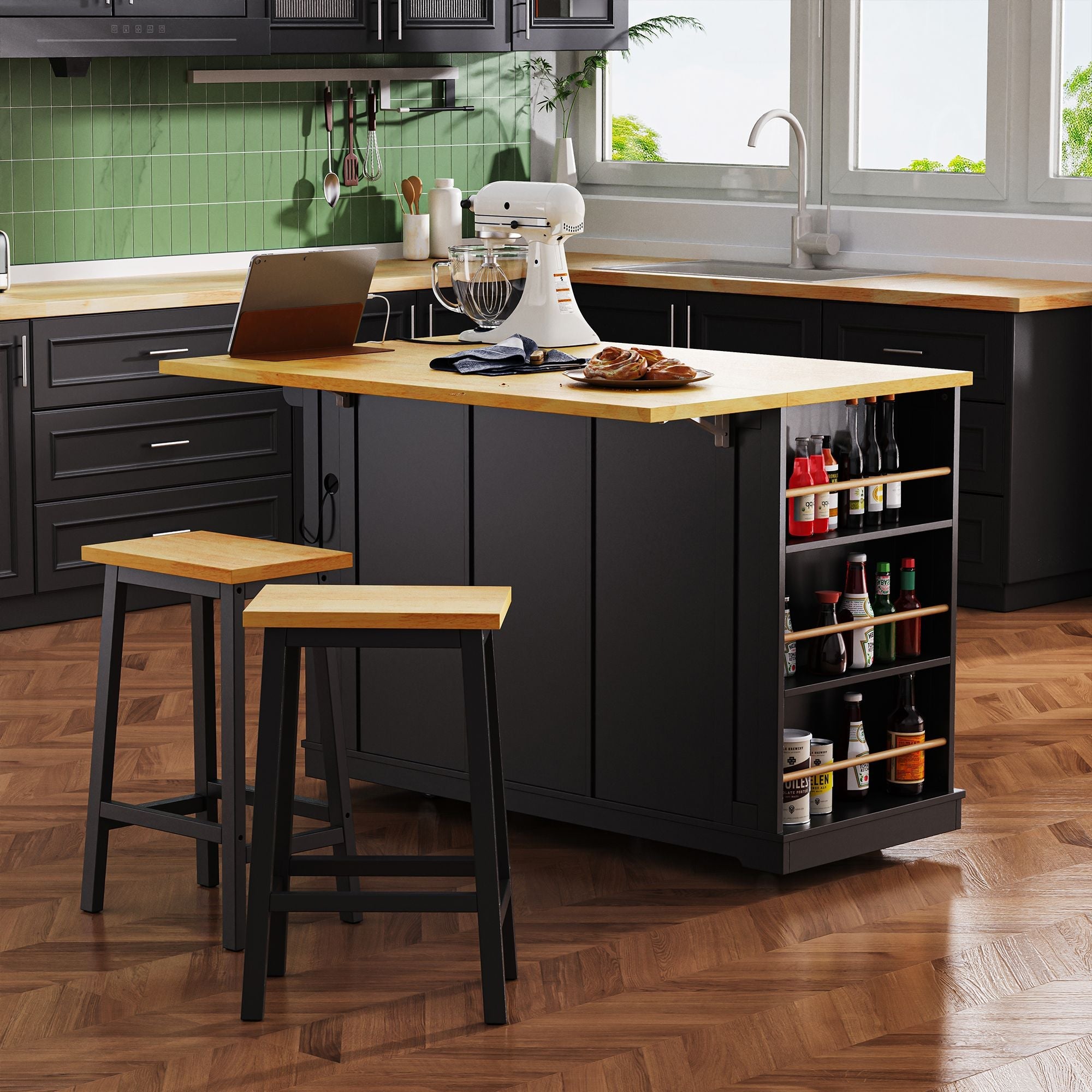 53 inch Large Kitchen Island with Drop Leaf,Power Outlet,Door Internal Storage Rack,Rolling Kitchen Cart on 5 Wheels with 5 Open Side Racks for Kitchen,Dining Room(Not include bar stools) - Comfortable Living Decor