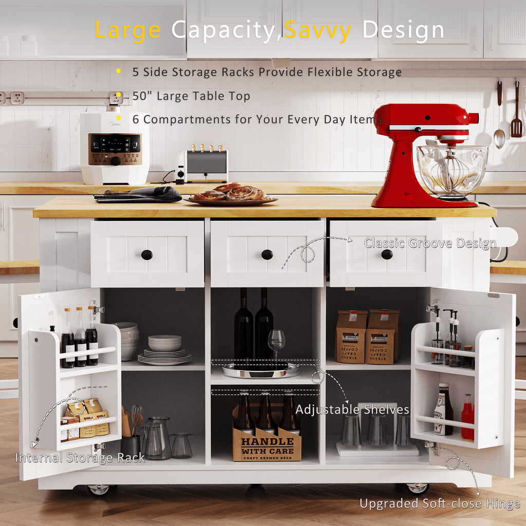 53 inch Large Kitchen Island with Drop Leaf,Power Outlet,Door Internal Storage Rack,Rolling Kitchen Cart on 5 Wheels with 5 Open Side Racks for Kitchen,Dining Room(Not include bar stools) - Comfortable Living Decor