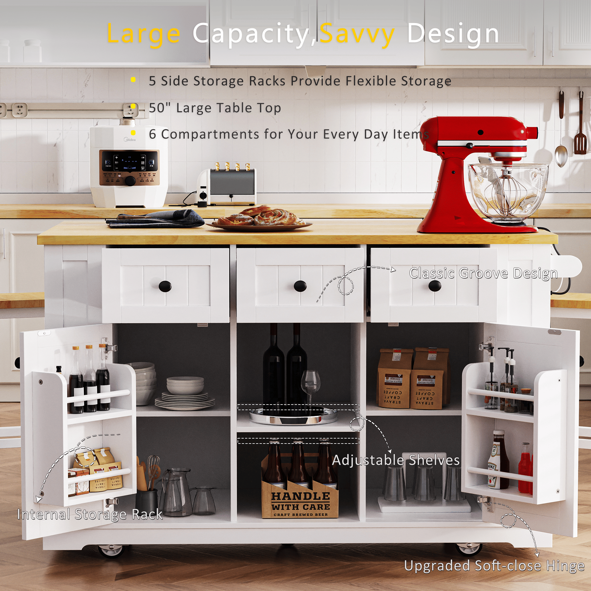 53 inch Large Kitchen Island with Drop Leaf,Power Outlet,Door Internal Storage Rack,Rolling Kitchen Cart on 5 Wheels with 5 Open Side Racks for Kitchen,Dining Room(Not include bar stools) - Comfortable Living Decor