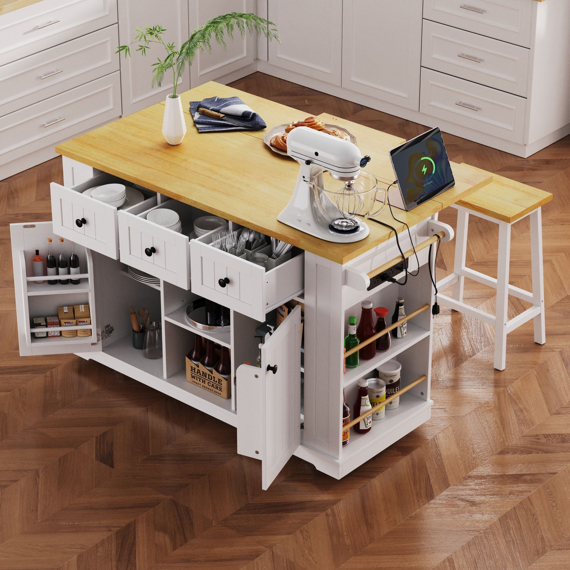 53 inch Large Kitchen Island with Drop Leaf,Power Outlet,Door Internal Storage Rack,Rolling Kitchen Cart on 5 Wheels with 5 Open Side Racks for Kitchen,Dining Room(Not include bar stools) - Comfortable Living Decor