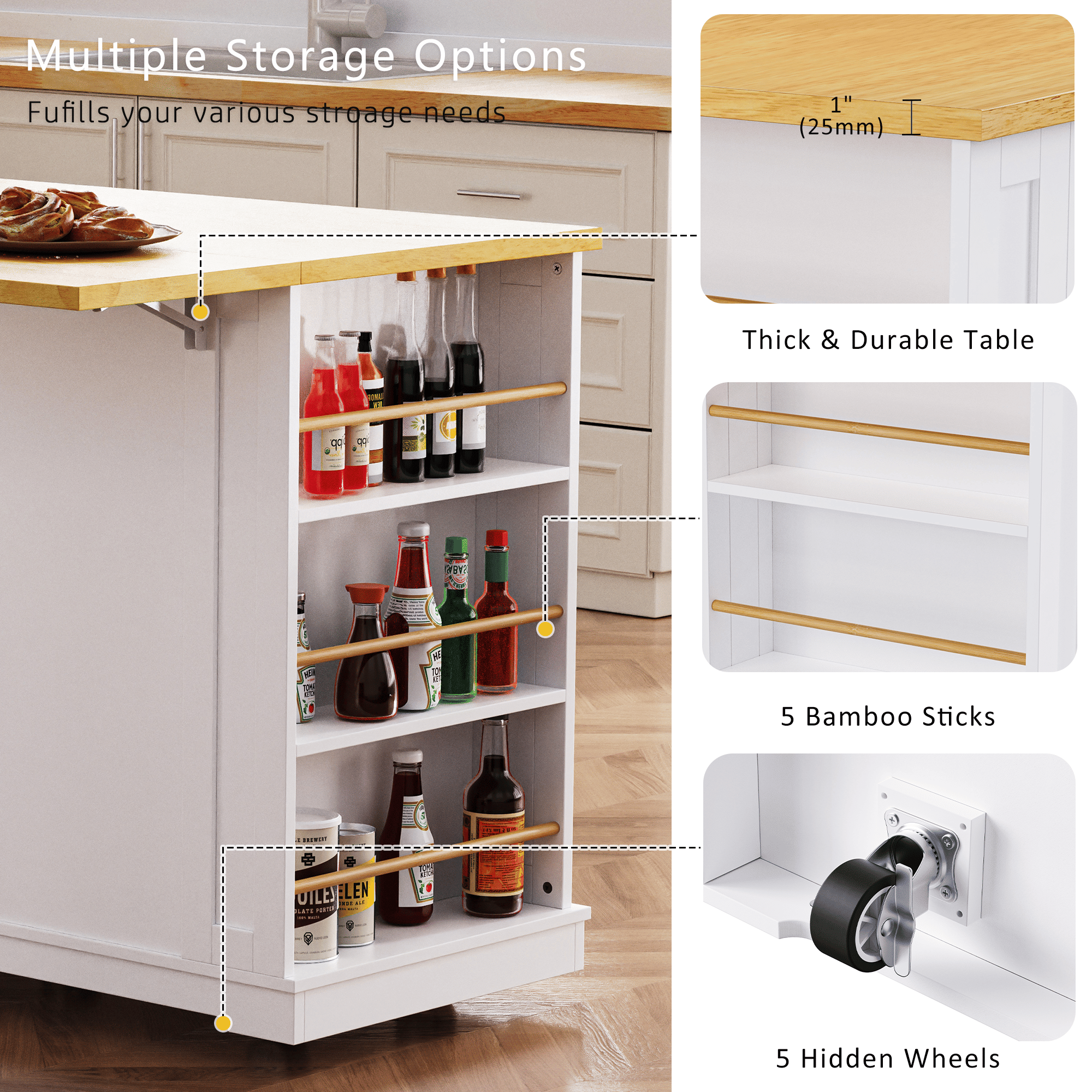 53 inch Large Kitchen Island with Drop Leaf,Power Outlet,Door Internal Storage Rack,Rolling Kitchen Cart on 5 Wheels with 5 Open Side Racks for Kitchen,Dining Room(Not include bar stools) - Comfortable Living Decor