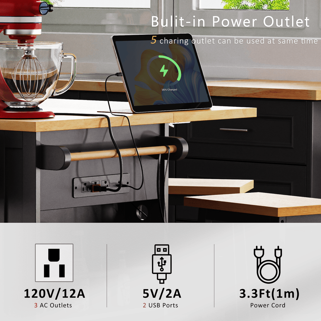 53 inch Large Kitchen Island with Drop Leaf,Power Outlet,Door Internal Storage Rack,Rolling Kitchen Cart on 5 Wheels with 5 Open Side Racks for Kitchen,Dining Room(Not include bar stools) - Comfortable Living Decor