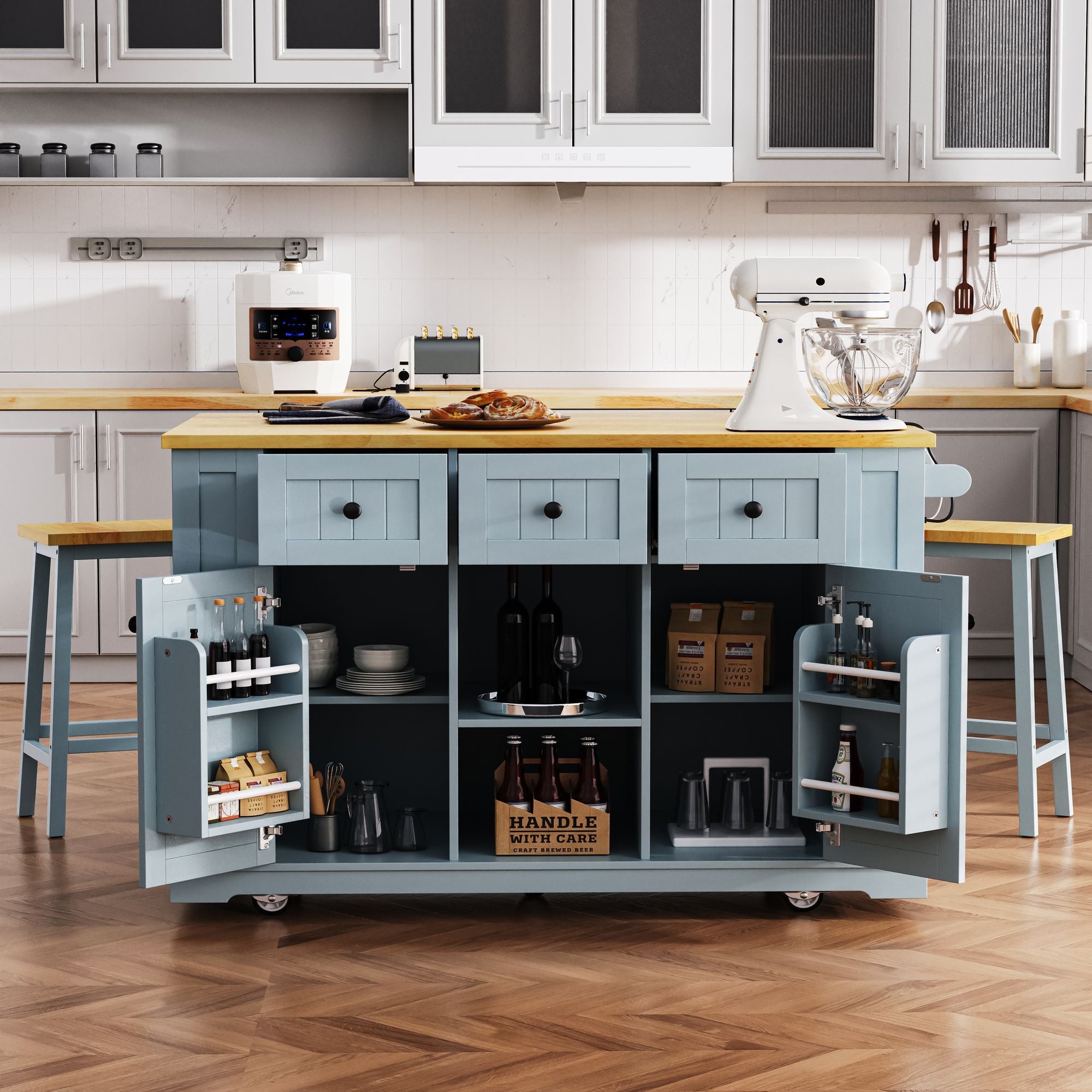 53 inch Large Kitchen Island with Drop Leaf,Power Outlet,Door Internal Storage Rack,Rolling Kitchen Cart on 5 Wheels with 5 Open Side Racks for Kitchen,Dining Room(Not include bar stools) - Comfortable Living Decor