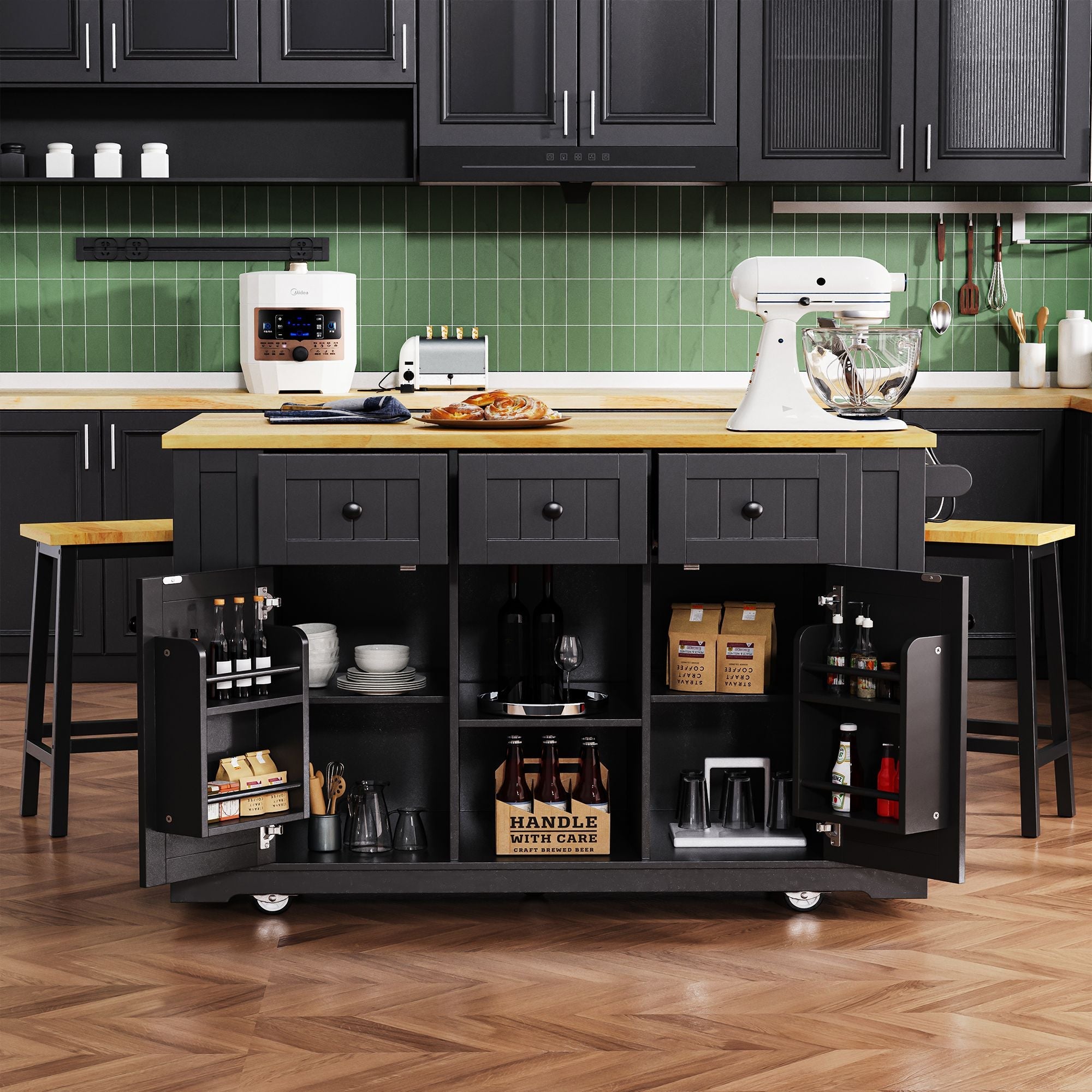 53 inch Large Kitchen Island with Drop Leaf,Power Outlet,Door Internal Storage Rack,Rolling Kitchen Cart on 5 Wheels with 5 Open Side Racks for Kitchen,Dining Room(Not include bar stools) - Comfortable Living Decor