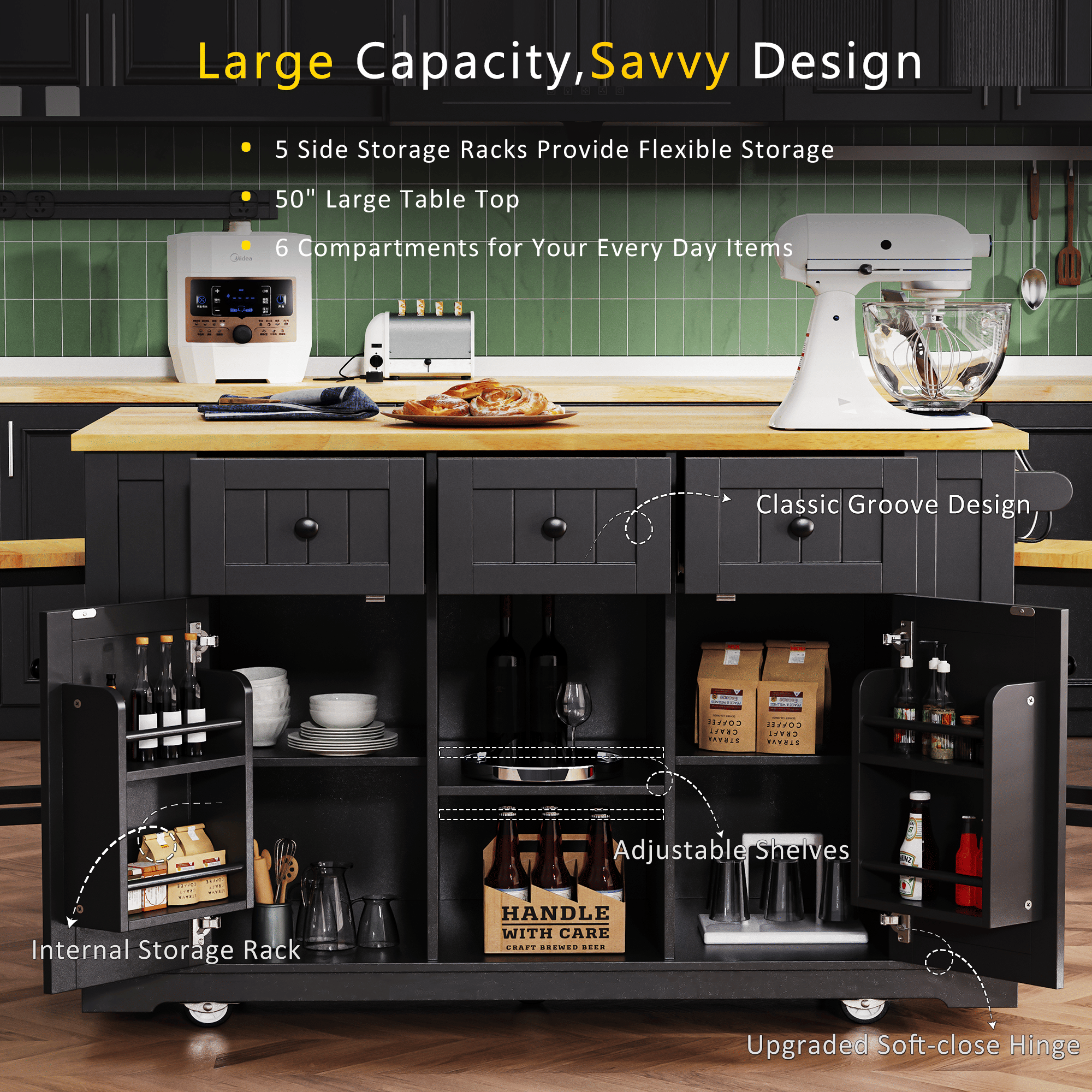 53 inch Large Kitchen Island with Drop Leaf,Power Outlet,Door Internal Storage Rack,Rolling Kitchen Cart on 5 Wheels with 5 Open Side Racks for Kitchen,Dining Room(Not include bar stools) - Comfortable Living Decor