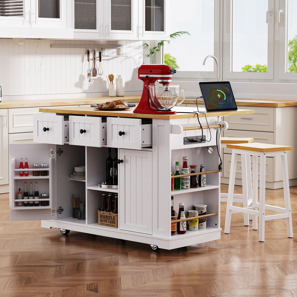 53 inch Large Kitchen Island with Drop Leaf,Power Outlet,Door Internal Storage Rack,Rolling Kitchen Cart on 5 Wheels with 5 Open Side Racks for Kitchen,Dining Room(Not include bar stools) - Comfortable Living Decor