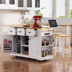 53 inch Large Kitchen Island with Drop Leaf,Power Outlet,Door Internal Storage Rack,Rolling Kitchen Cart on 5 Wheels with 5 Open Side Racks for Kitchen,Dining Room(Not include bar stools) - Comfortable Living Decor
