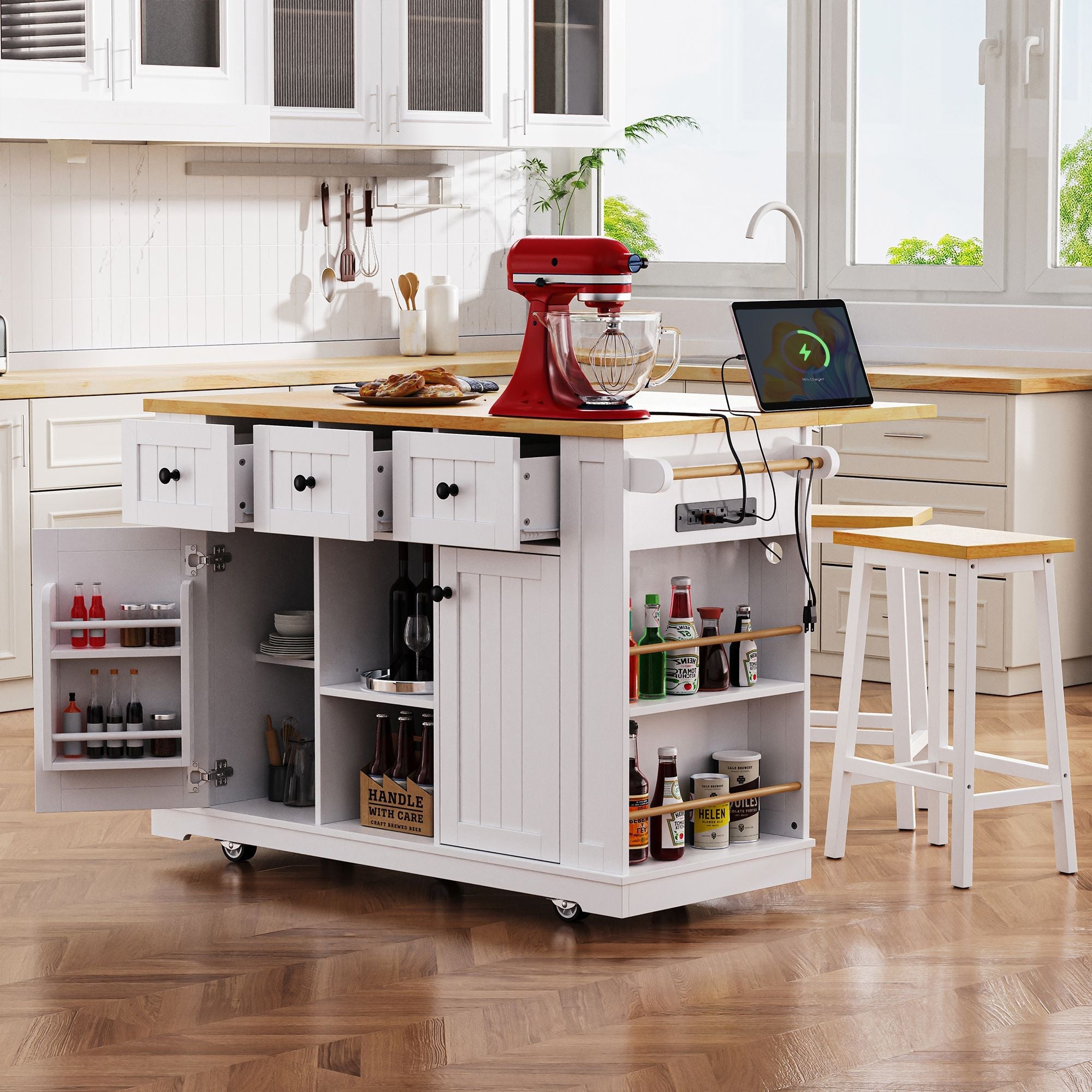53 inch Large Kitchen Island with Drop Leaf,Power Outlet,Door Internal Storage Rack,Rolling Kitchen Cart on 5 Wheels with 5 Open Side Racks for Kitchen,Dining Room(Not include bar stools) - Comfortable Living Decor