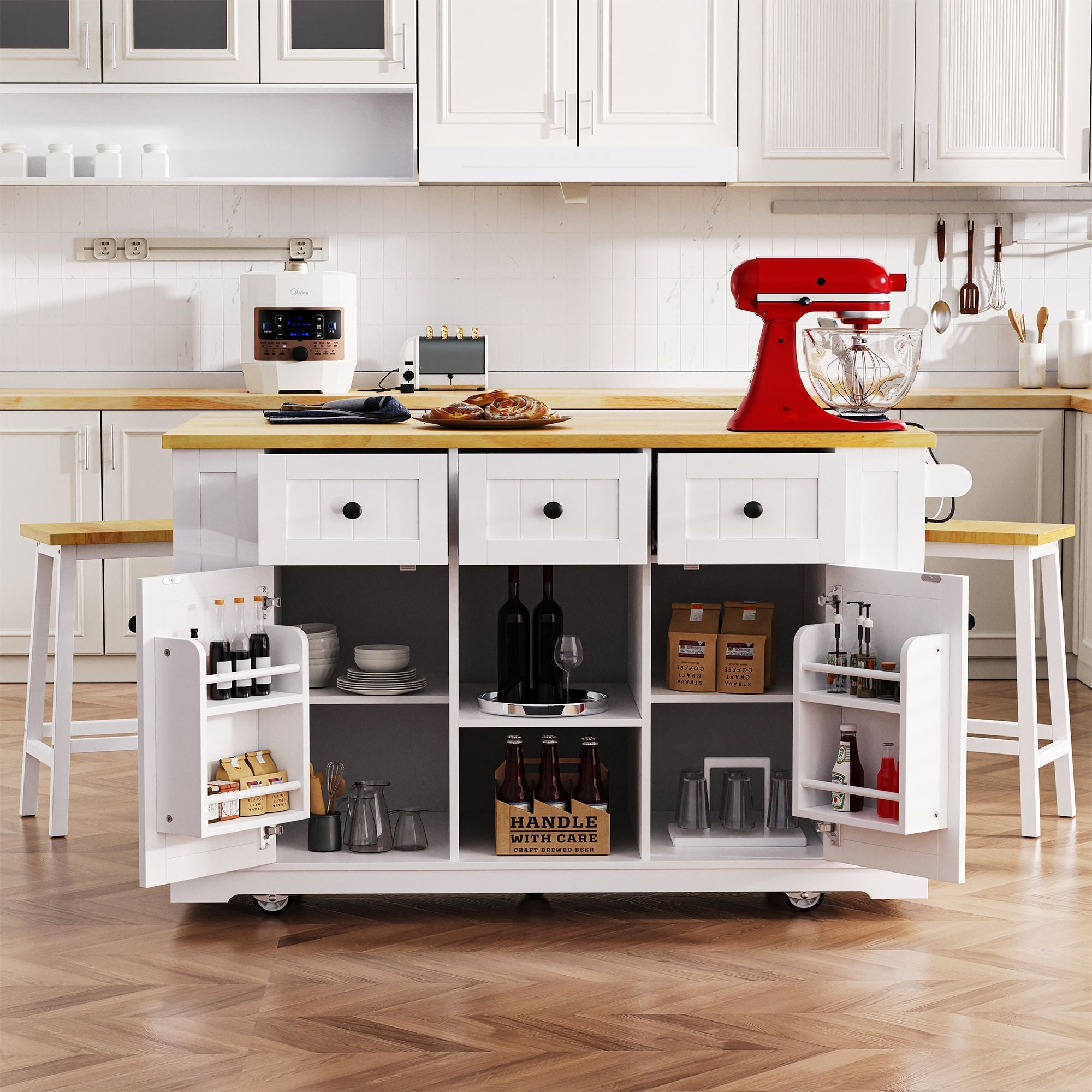 53 inch Large Kitchen Island with Drop Leaf,Power Outlet,Door Internal Storage Rack,Rolling Kitchen Cart on 5 Wheels with 5 Open Side Racks for Kitchen,Dining Room(Not include bar stools) - Comfortable Living Decor