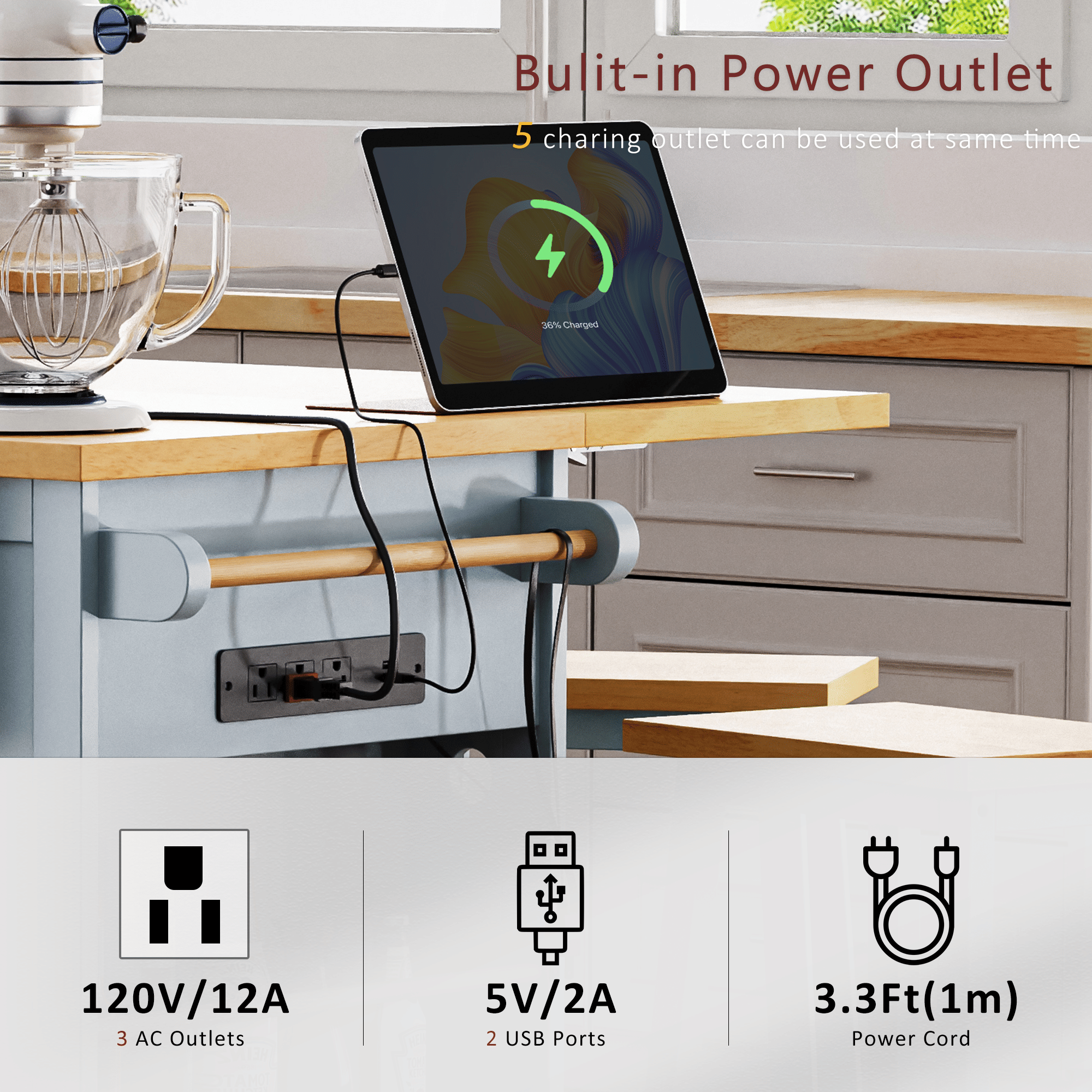53 inch Large Kitchen Island with Drop Leaf,Power Outlet,Door Internal Storage Rack,Rolling Kitchen Cart on 5 Wheels with 5 Open Side Racks for Kitchen,Dining Room(Not include bar stools) - Comfortable Living Decor
