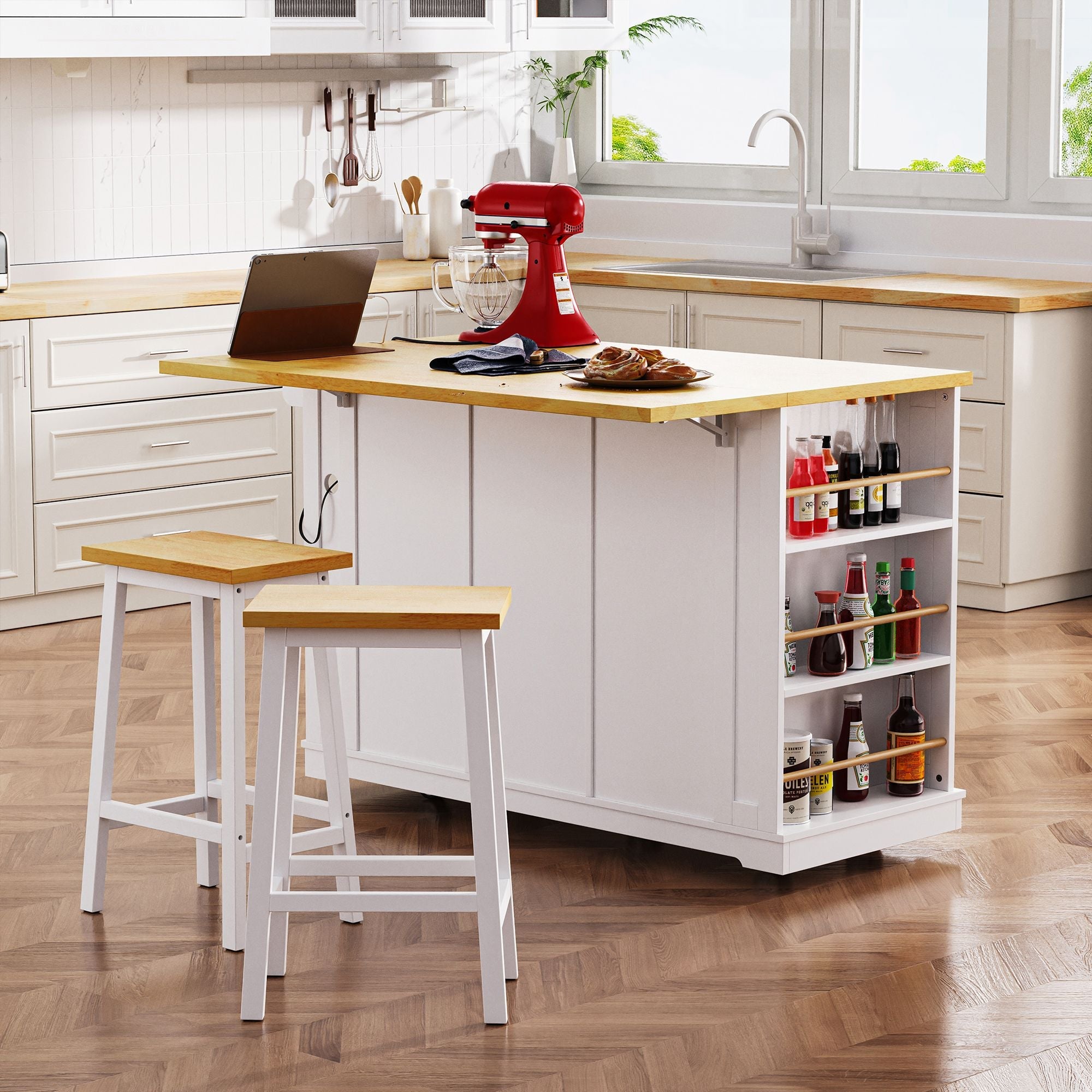 53 inch Large Kitchen Island with Drop Leaf,Power Outlet,Door Internal Storage Rack,Rolling Kitchen Cart on 5 Wheels with 5 Open Side Racks for Kitchen,Dining Room(Not include bar stools) - Comfortable Living Decor