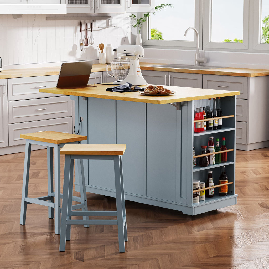 53 inch Large Kitchen Island with Drop Leaf,Power Outlet,Door Internal Storage Rack,Rolling Kitchen Cart on 5 Wheels with 5 Open Side Racks for Kitchen,Dining Room(Not include bar stools) - Comfortable Living Decor